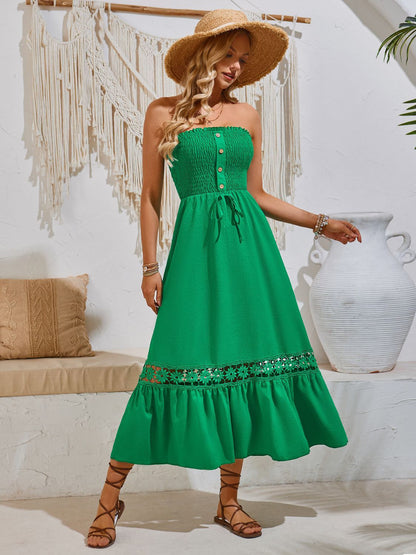 Smocked Frill Tube Midi Dress Green