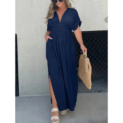 Fashion Bat-sleeved V-neck Slit Dress Summer Short Sleeve Elastic Waist Long Dresses Womens Clothing Dark Blue