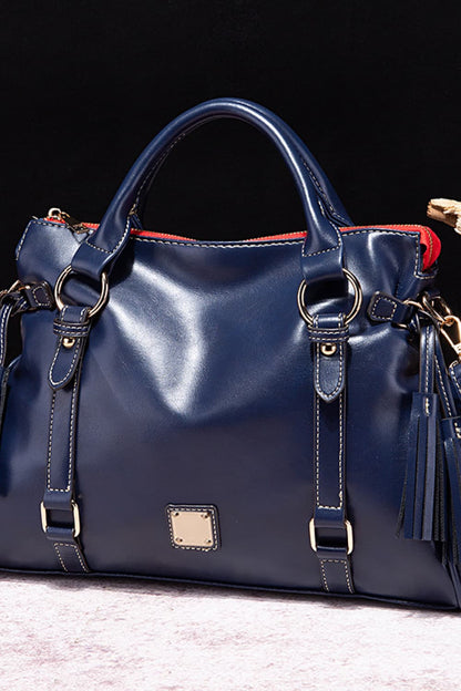 PU Leather Handbag with Tassels Dark Blue One Size