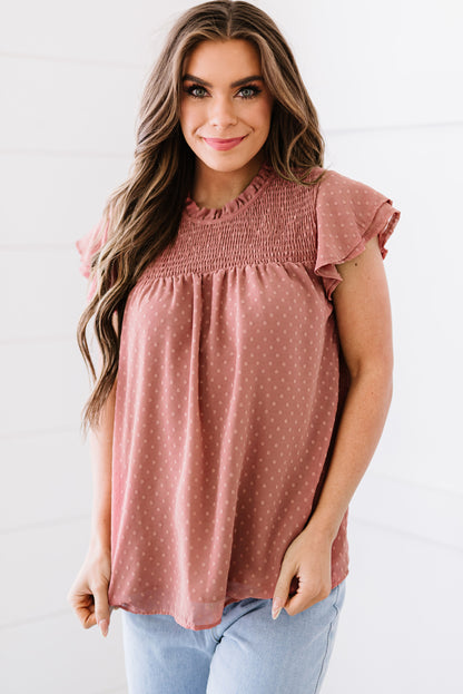 Polka Dot Smocked Flutter Sleeve Blouse Pink