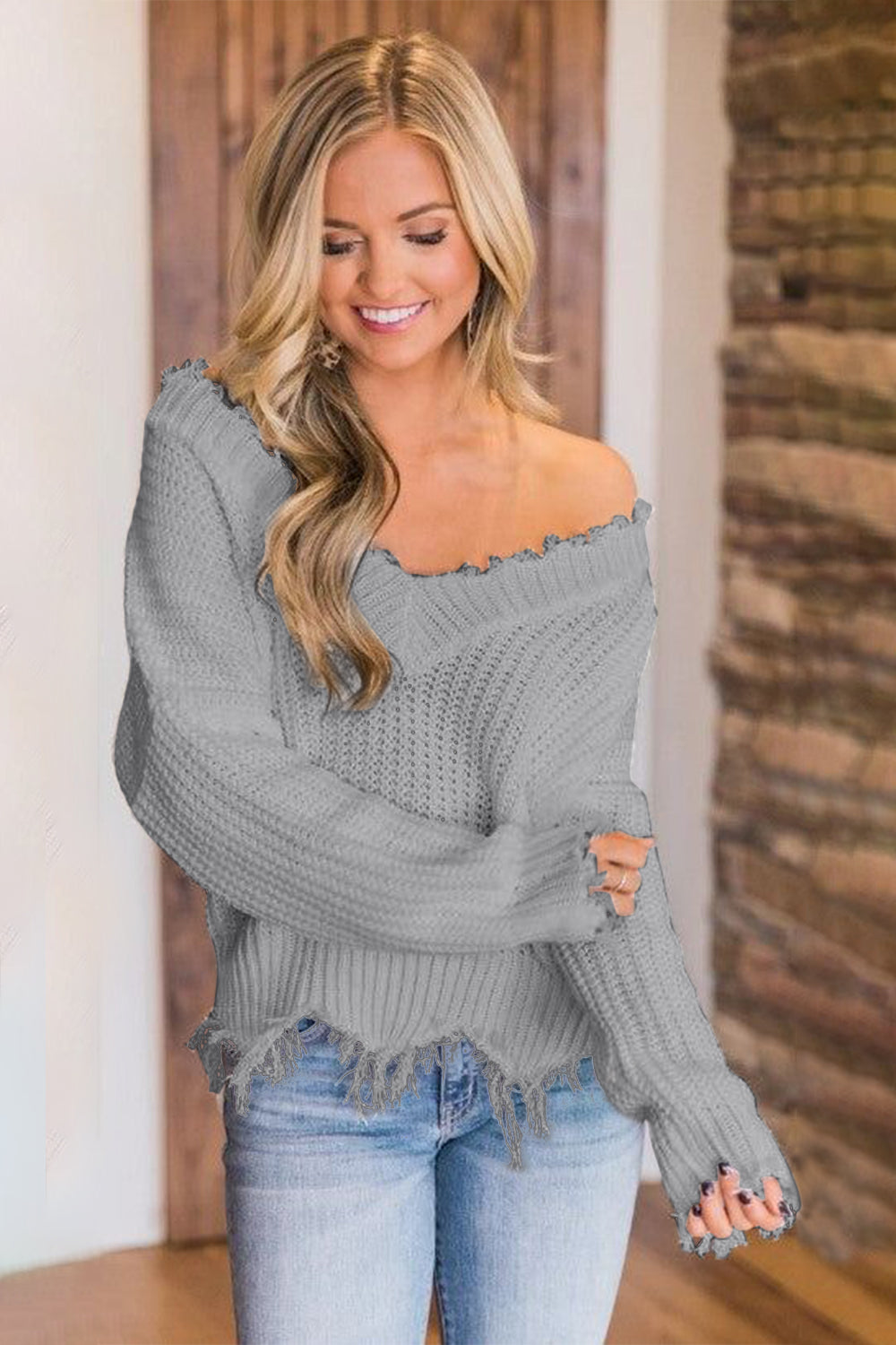 Frayed Hem Dropped Shoulder Sweater Cloudy Blue