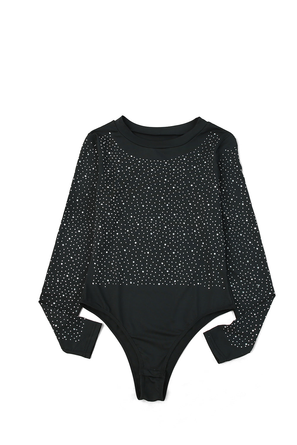 Black Rhinestone O-neck Long Sleeve Bodysuit