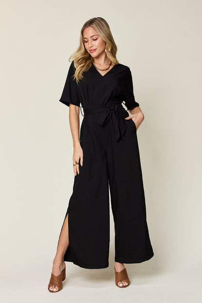 Double Take Full Size V-Neck Tie Front Short Sleeve Slit Jumpsuit Black