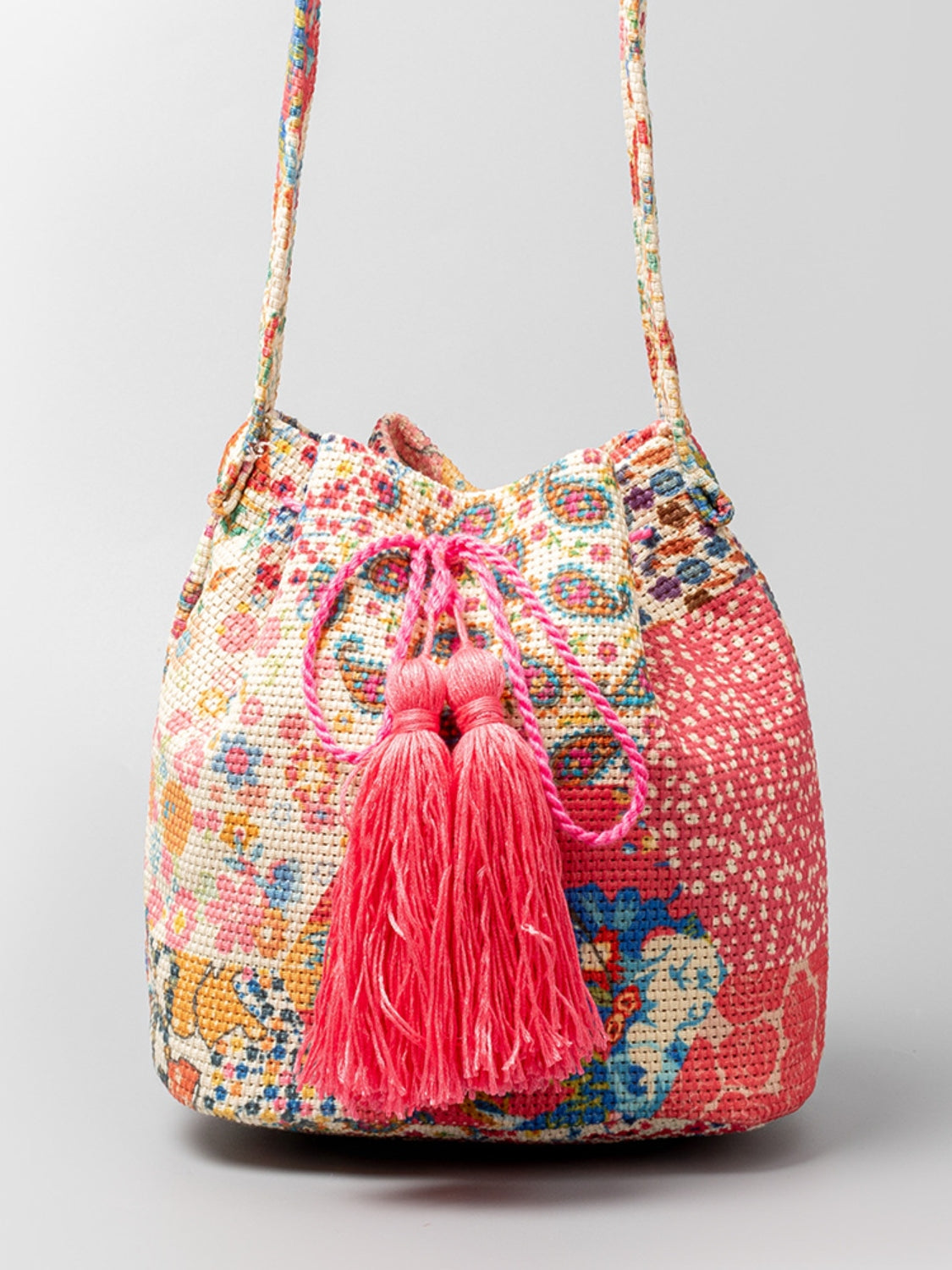 Drawstring Tassel Geometric Shoulder Bag Hot Pink One Size