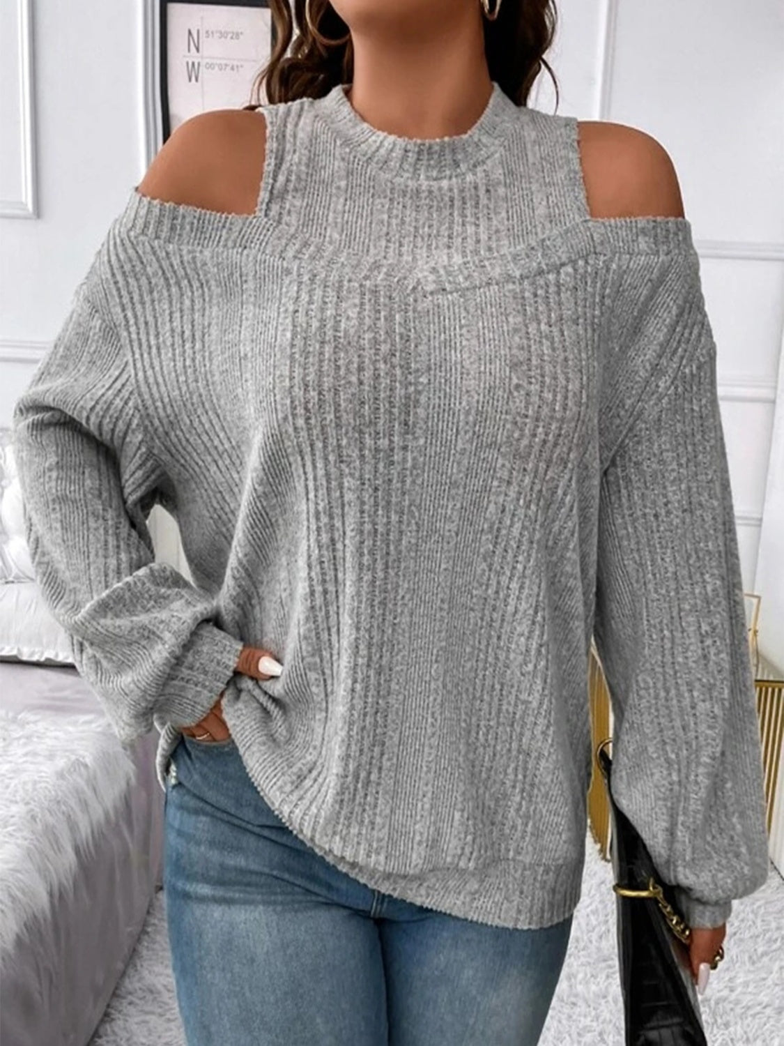 Round Neck Cold Shoulder Sweater Gray