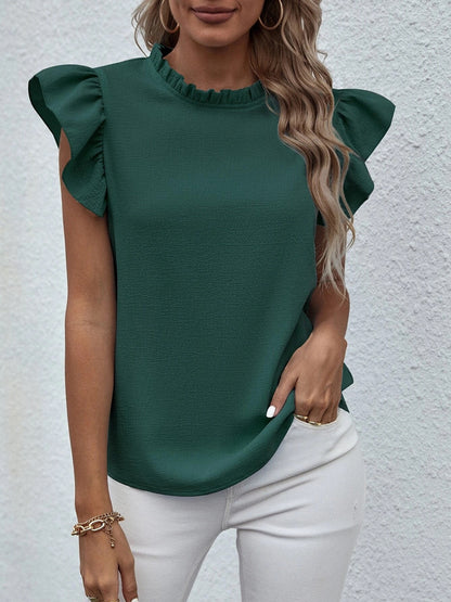 Mock Neck Ruffled Cap Sleeve Blouse Dark Green