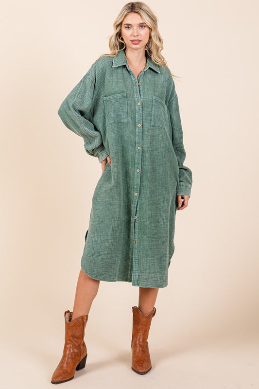 Mittoshop Mineral Wash Cotton Gauze Midi Shirt Dress Pine