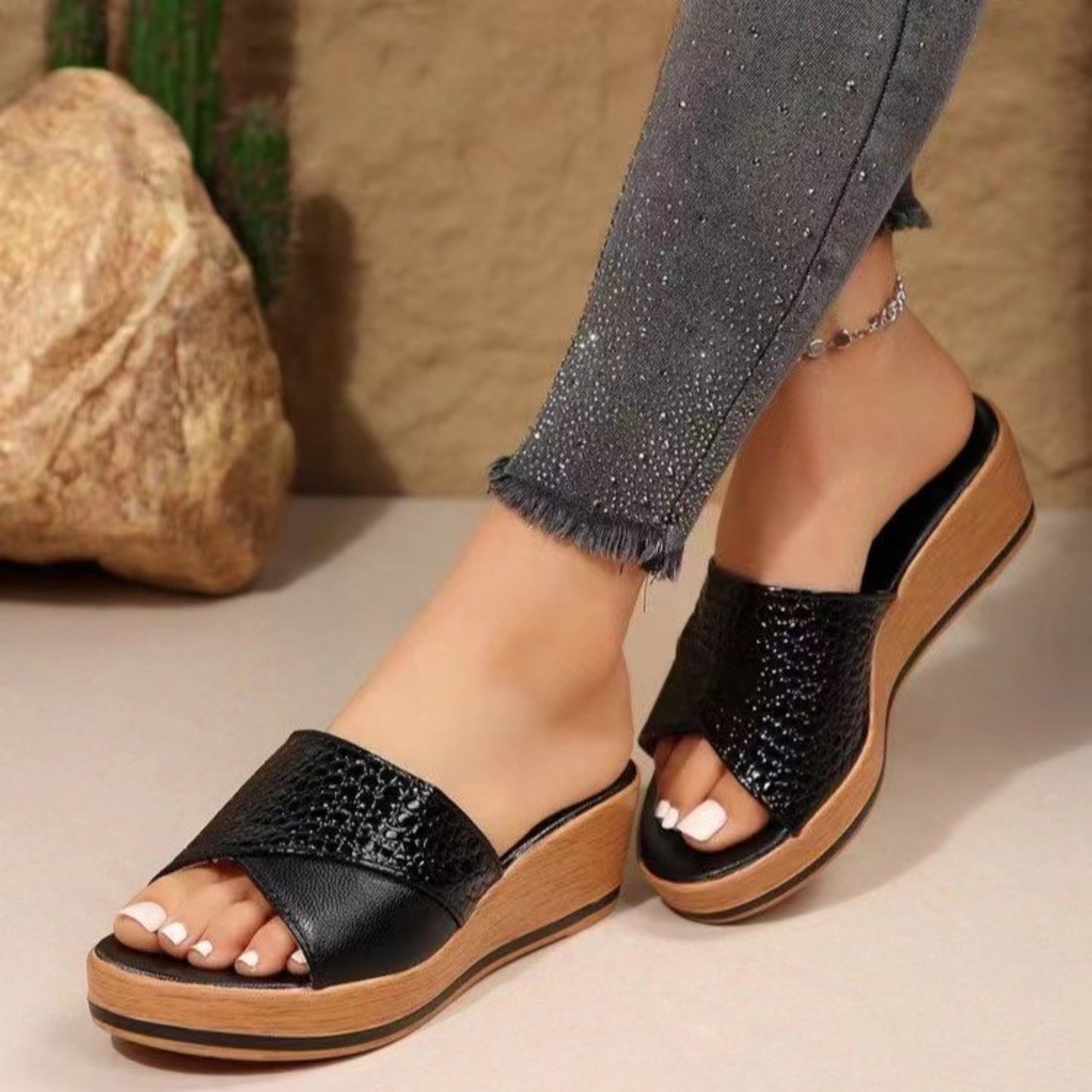 PU Leather Open Toe Sandals Black