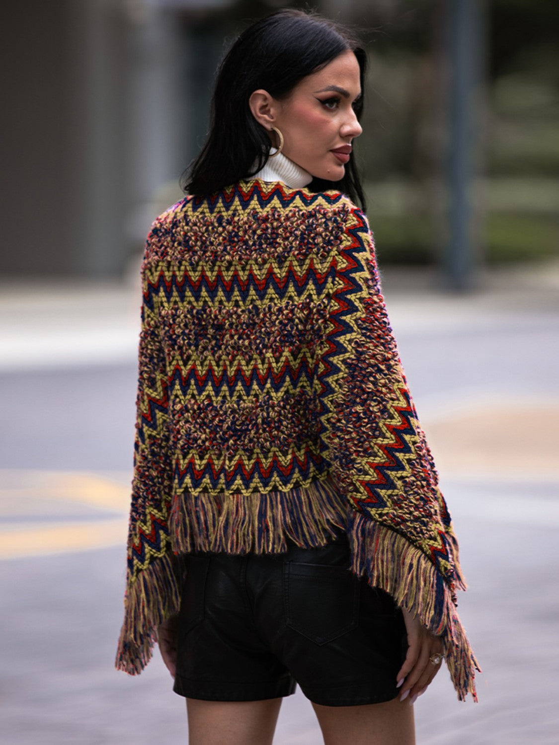 Fringe Hem Boat Neck Poncho - Thandynie