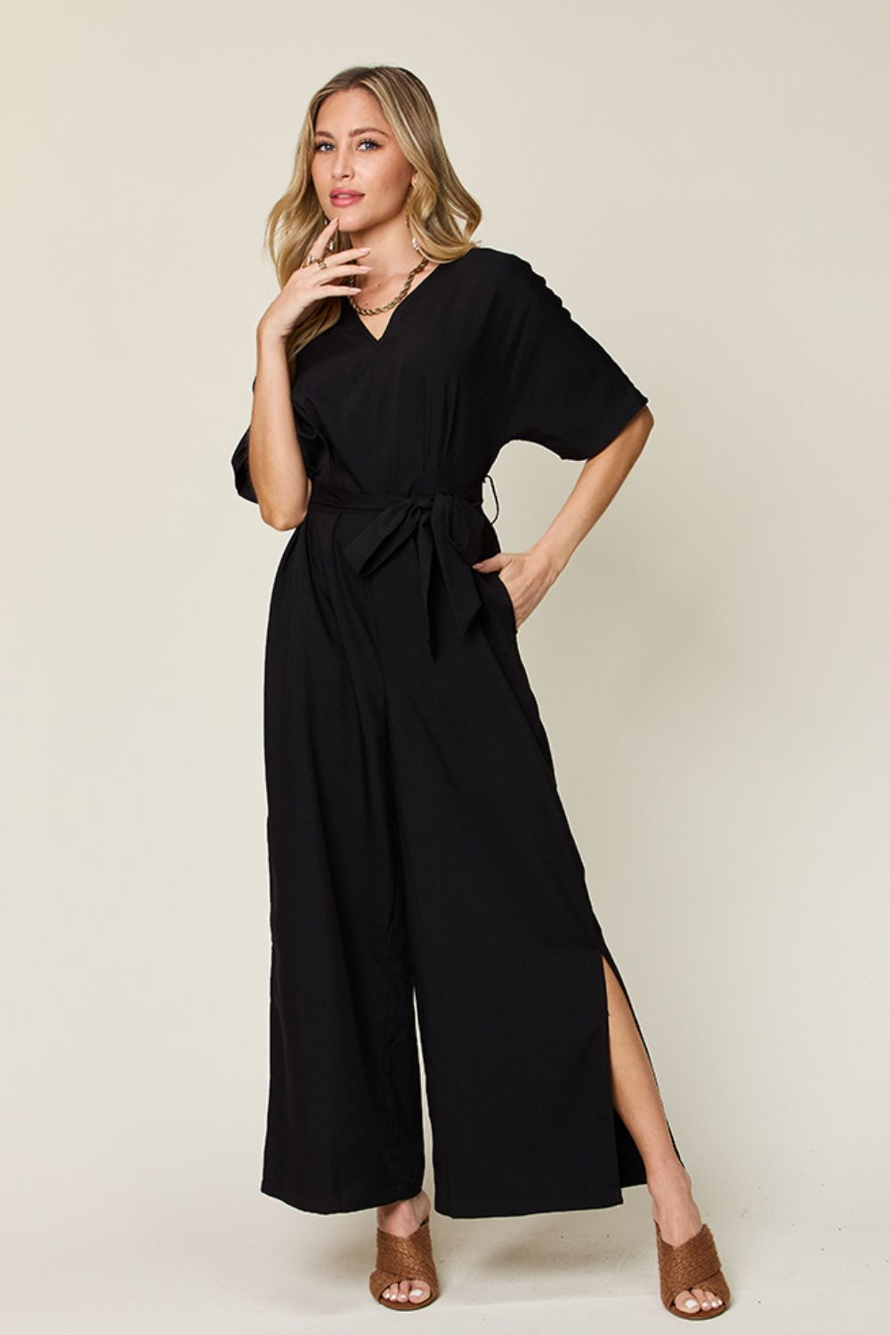 Double Take Full Size V-Neck Tie Front Short Sleeve Slit Jumpsuit - Thandynie