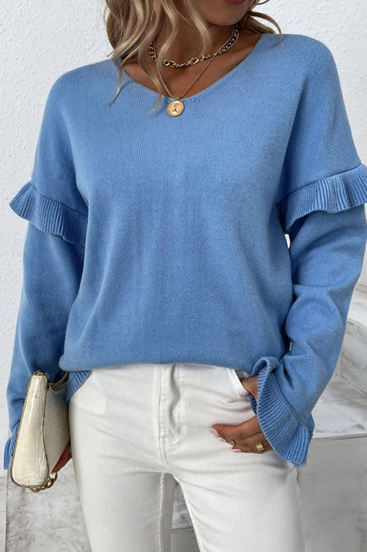 V-Neck Ruffle Trim Long Sleeve Sweater Blue