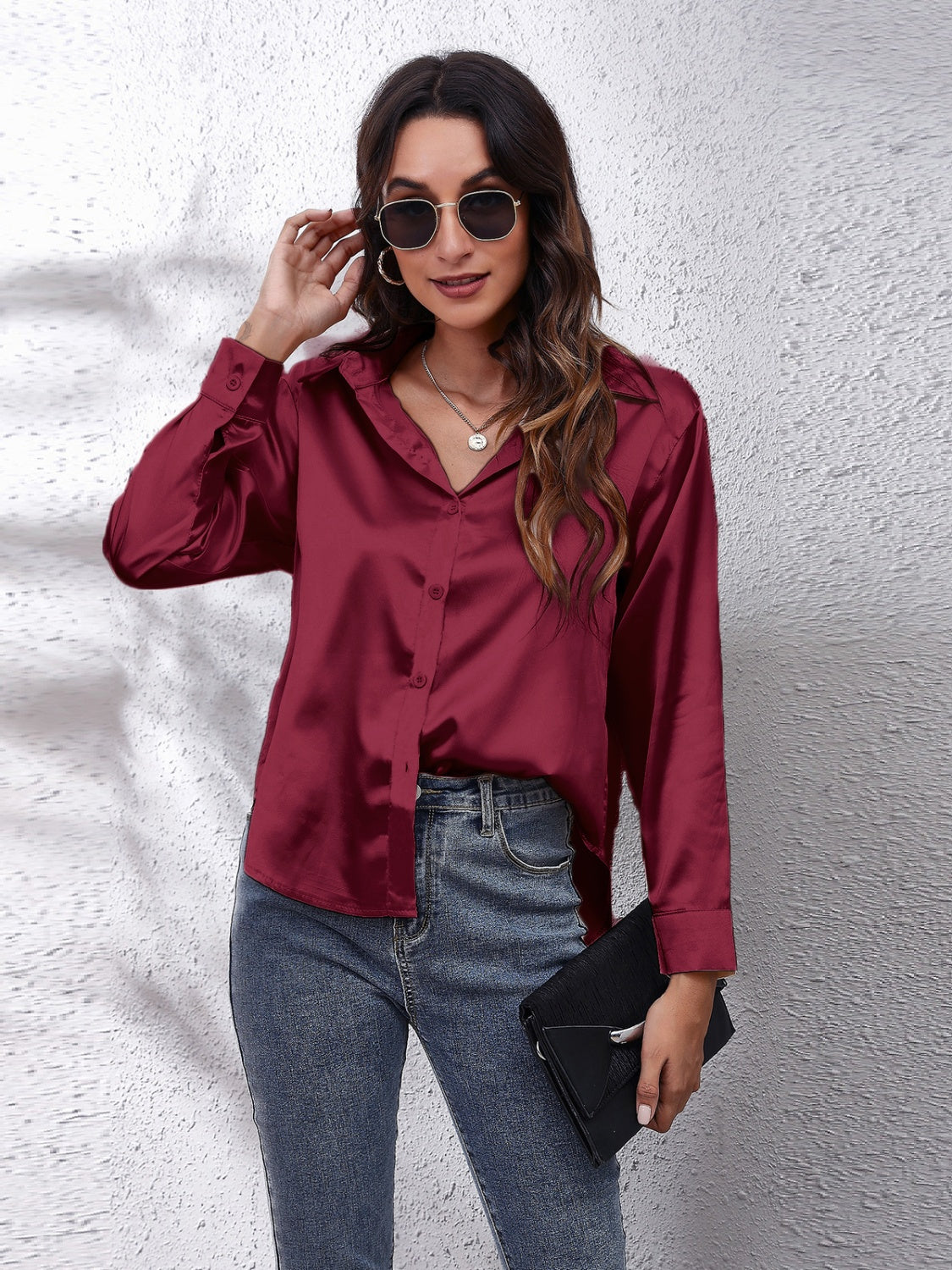 Collared Neck Buttoned Long Sleeve Shirt Burgundy