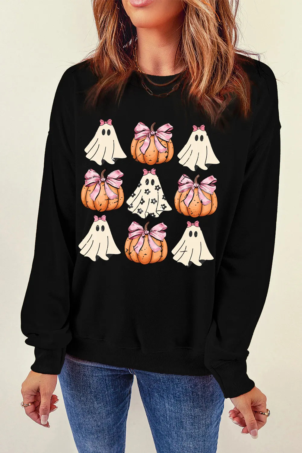 Pumpkin & Ghost Round Neck Long Sleeve Sweatshirt Black