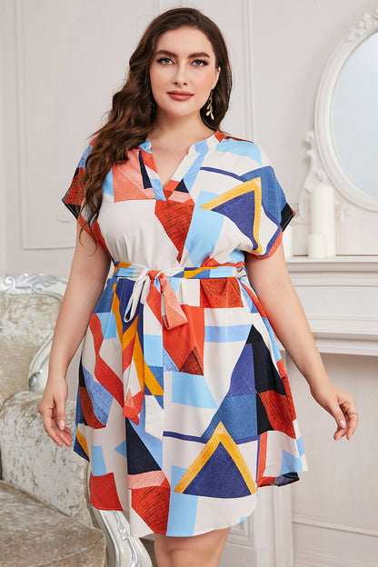 Plus Size Notched Neck Tie Waist Dress Multicolor