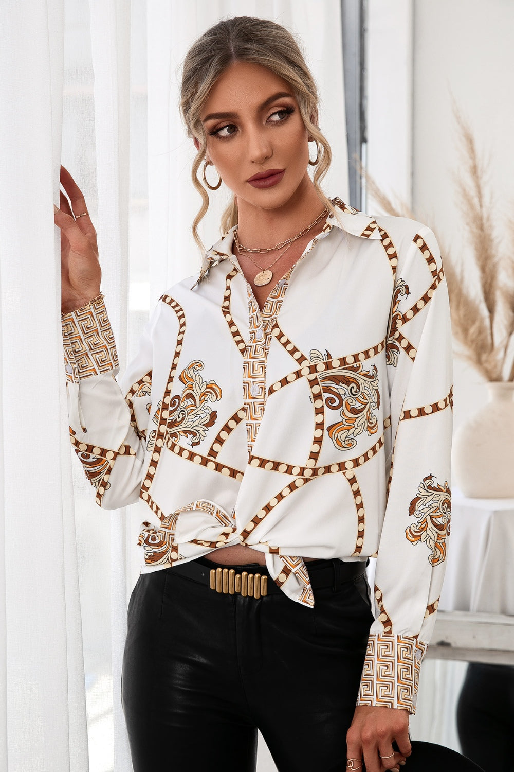 Printed Button Up Long Sleeve Shirt White