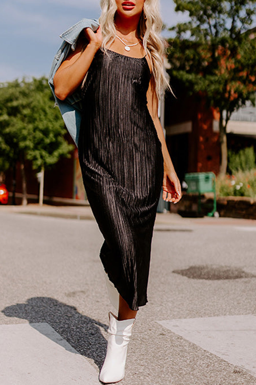 Black Spaghetti Straps Backless Pleated Midi Dress Black 100%Polyester