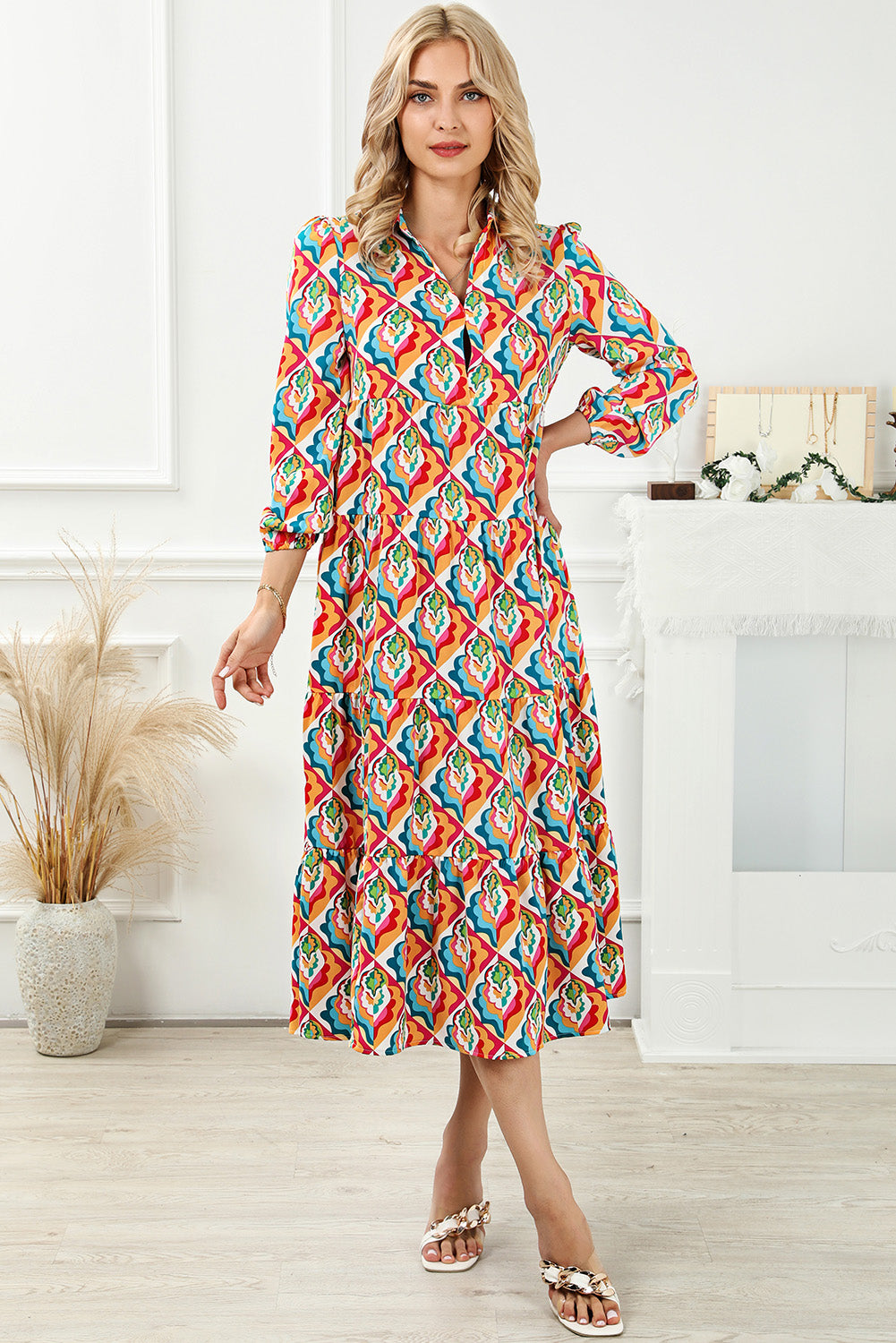 Multicolor Abstract Geometric Print Long Sleeve High Waist Dress