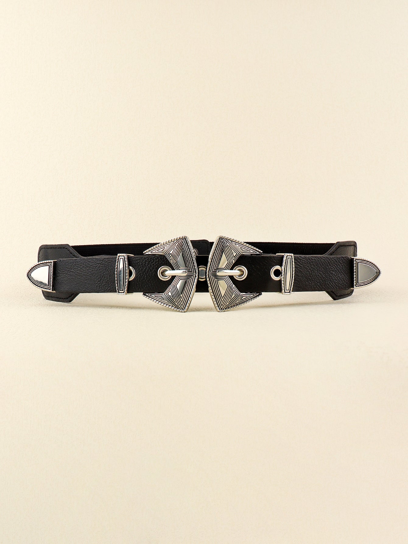 Double Buckle PU Leather Belt Silver Elasticated One Size