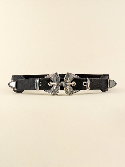 Double Buckle PU Leather Belt Silver Elasticated One Size