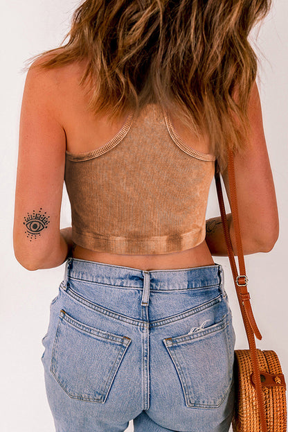 Gold Flame Ribbed Mineral Wash Racerback Cropped Tank Top