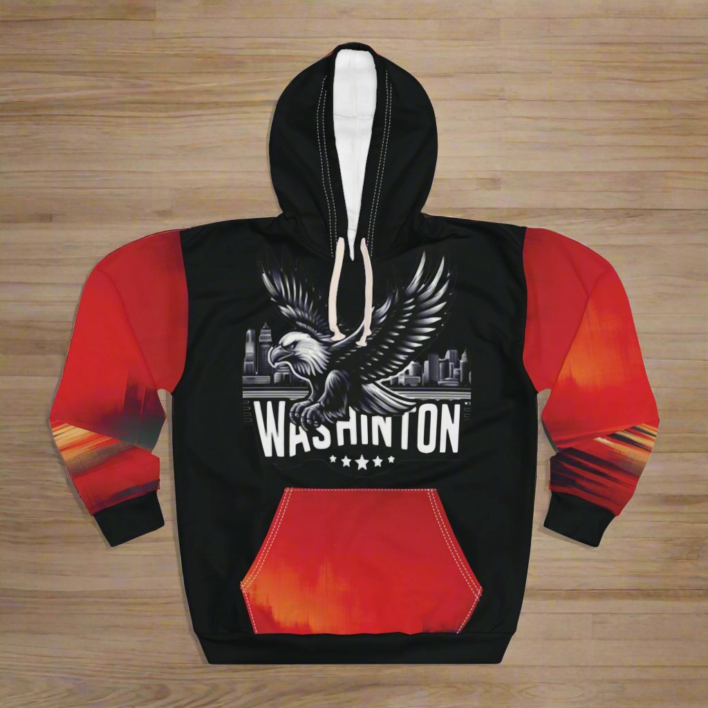 Patriotic Eagle Unisex Pullover Hoodie - Washington Skyline Design