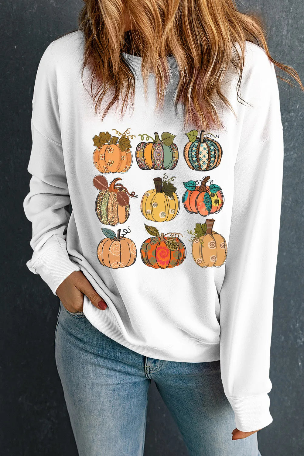 Pumpkin Graphic Long Sleeve Sweatshirt White