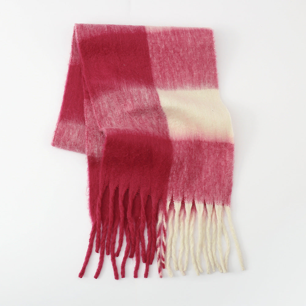 Fringe Contrast Plaid Polyester Scarf Deep Rose One Size