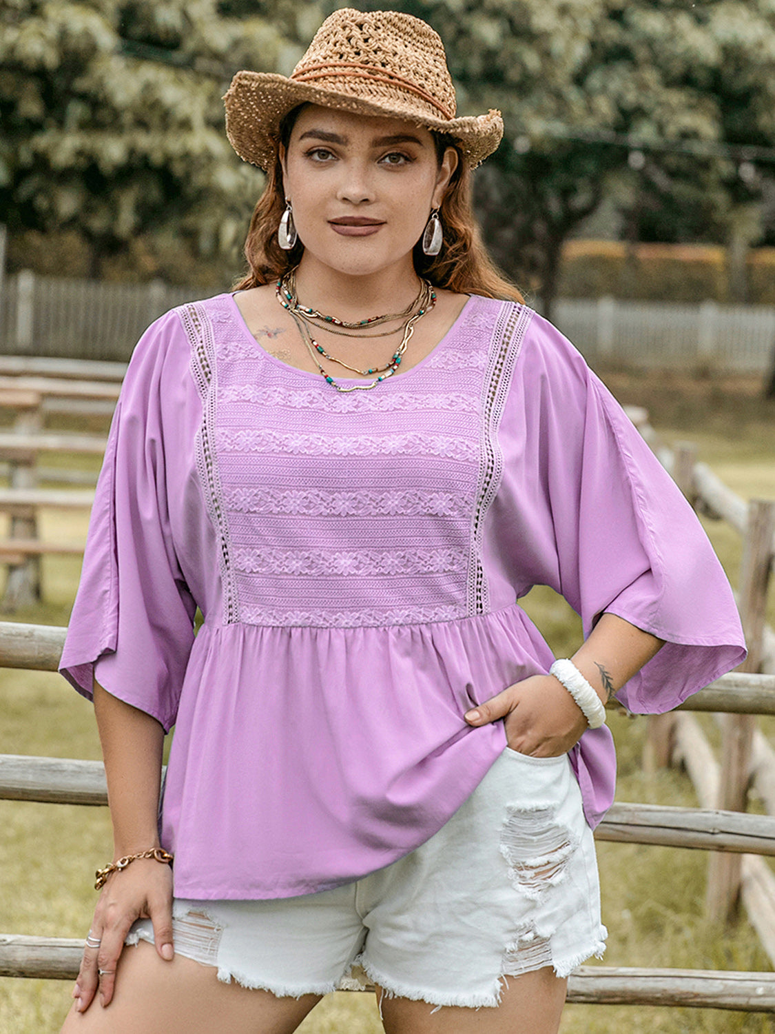 Plus Size Lace Detail Round Neck Three-Quarter Sleeve Blouse Lavender