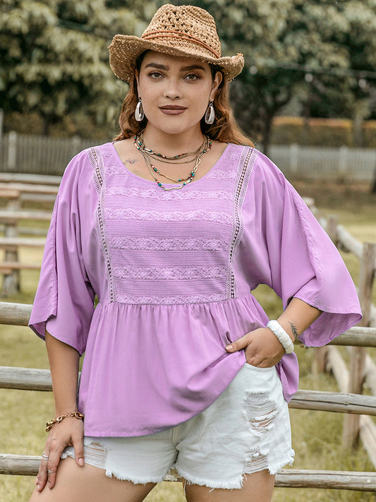 Plus Size Lace Detail Round Neck Three-Quarter Sleeve Blouse Lavender