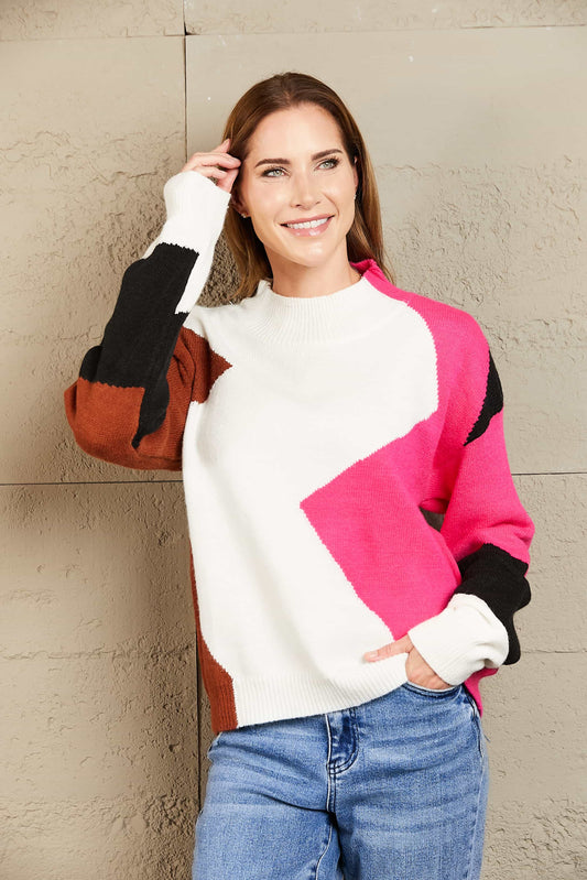 Woven Right Color Block Mock Neck Ribbed Trim Sweater