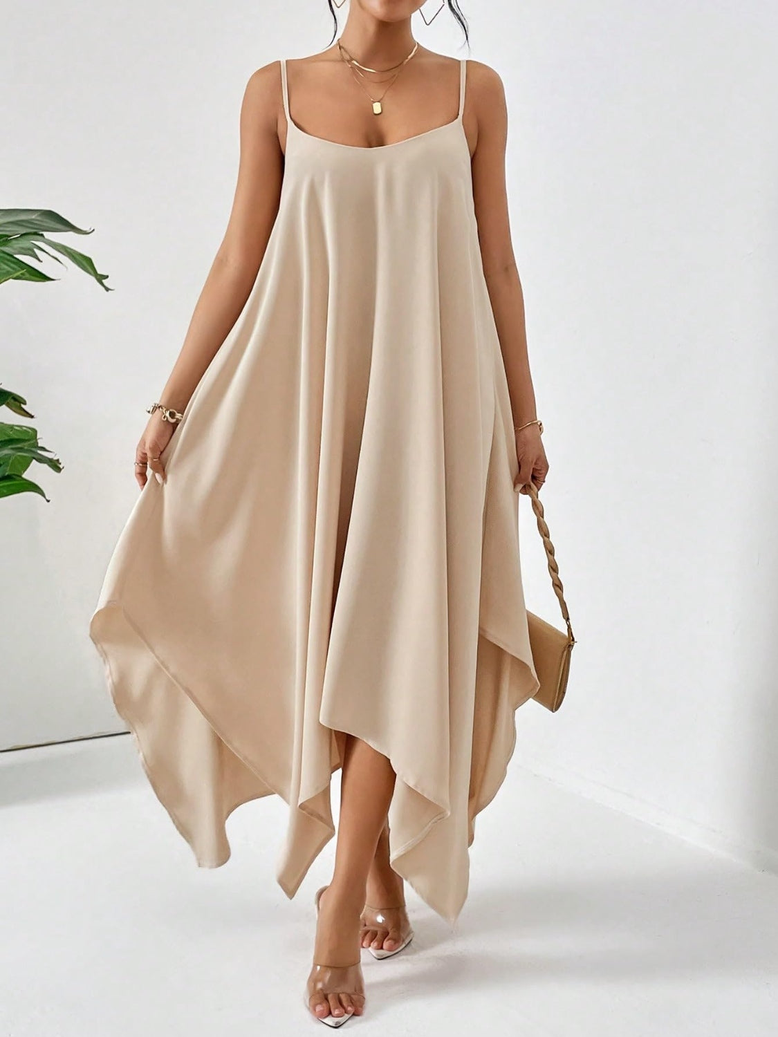 Scoop Neck Midi Cami Dress Tan