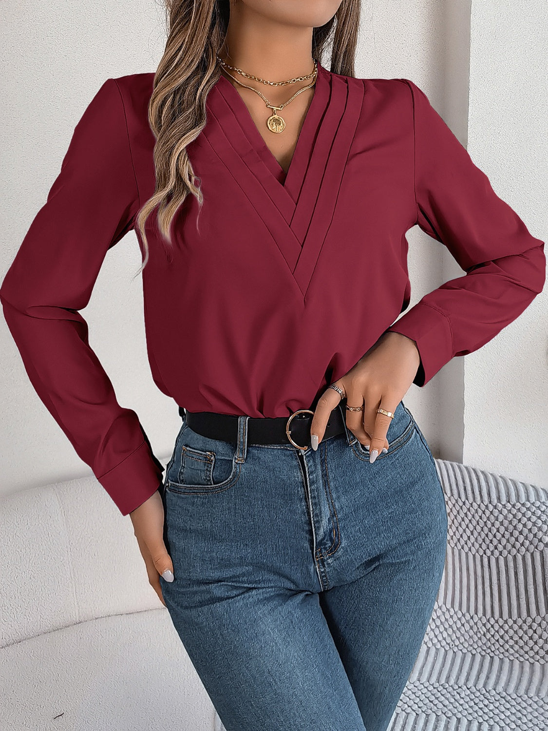 V-Neck Long Sleeve Blouse Burgundy