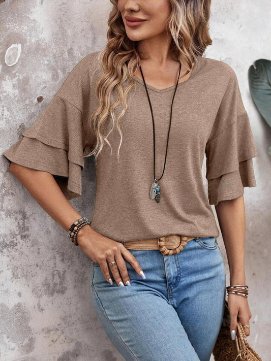 V-Neck Half Sleeve Blouse Mocha