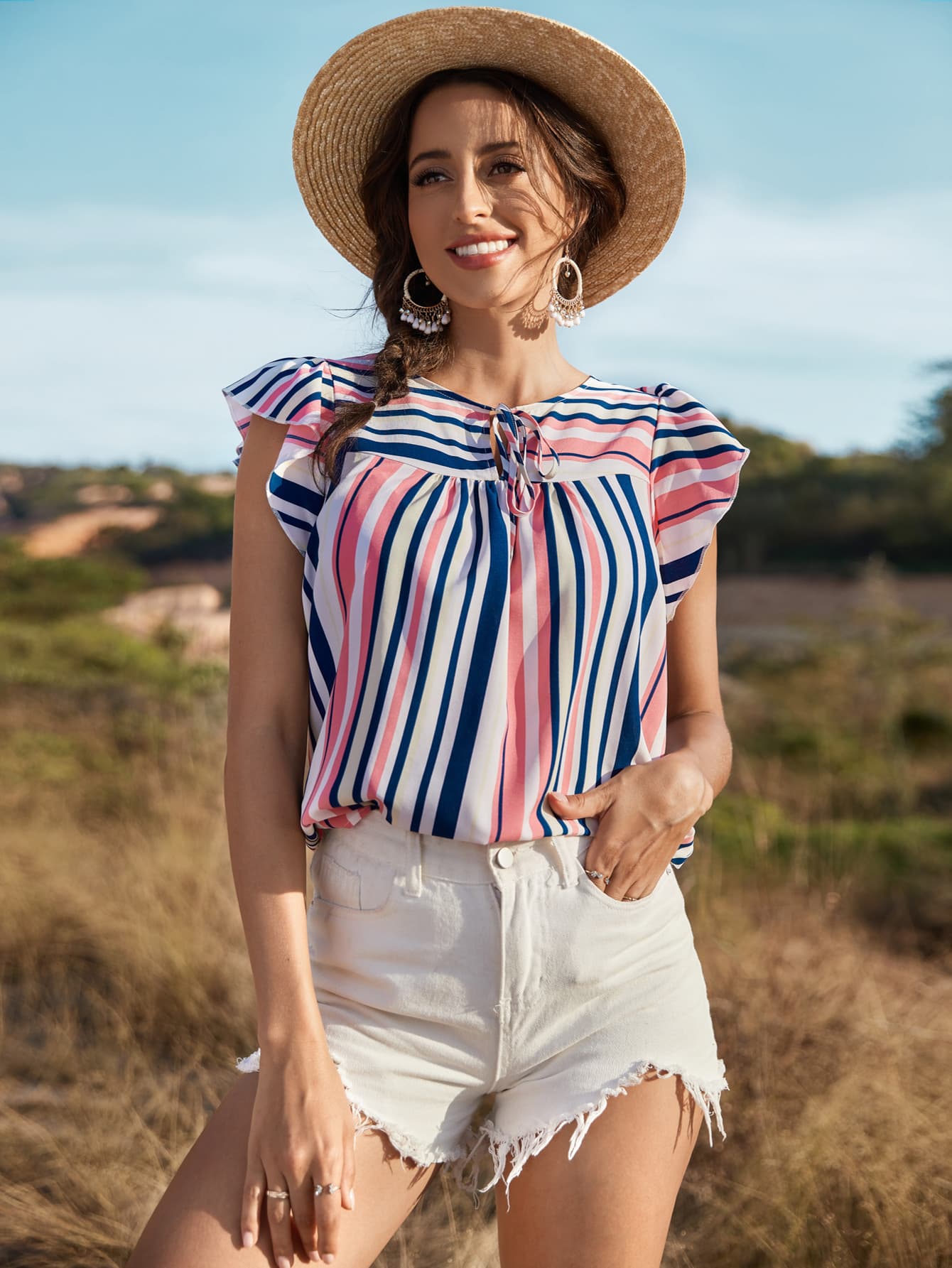 Striped Flutter Sleeve Tied Blouse Multicolor