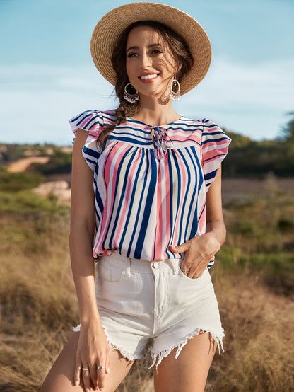 Striped Flutter Sleeve Tied Blouse Multicolor