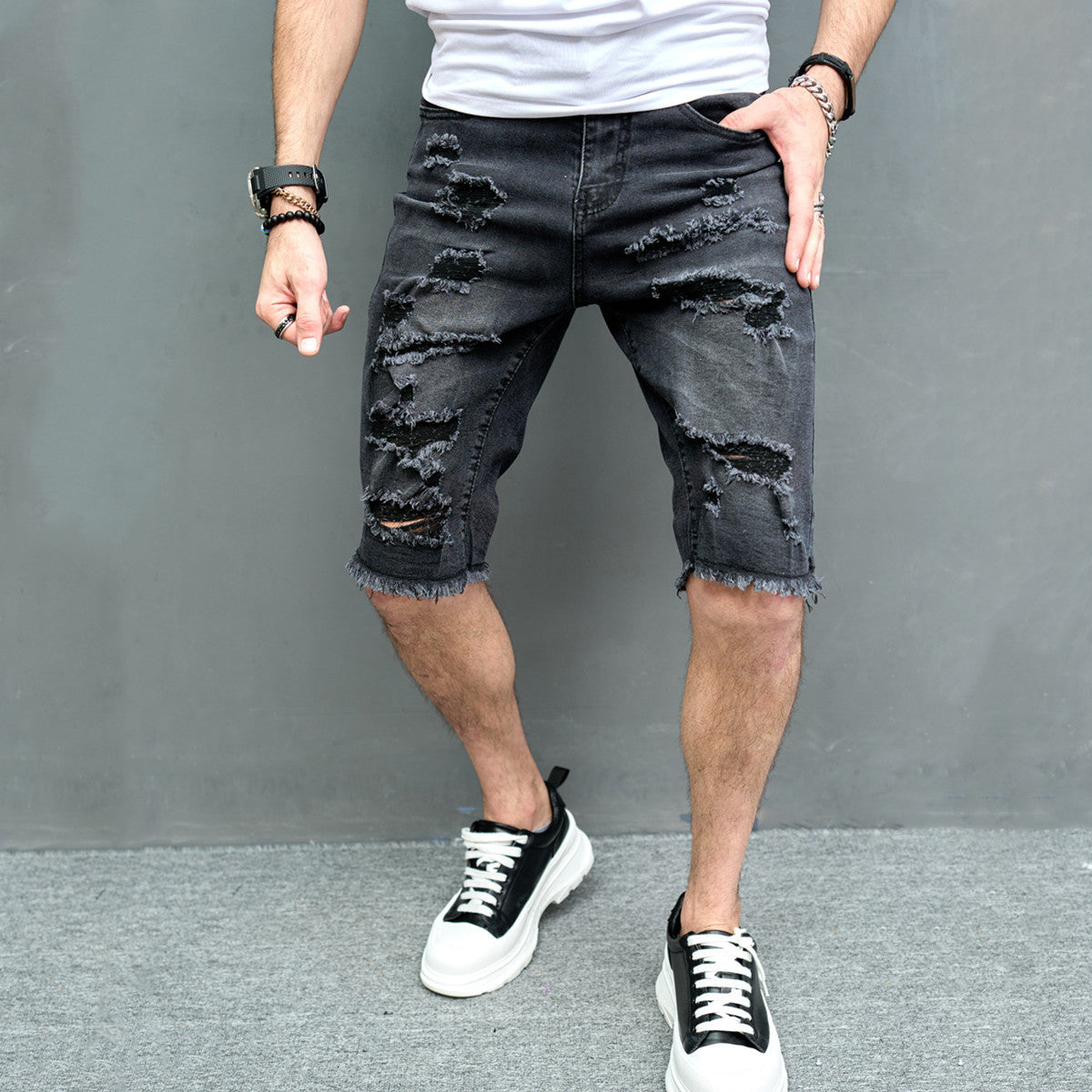 New Men's Five-point Slim Fit Skinny Scrape Denim Shorts