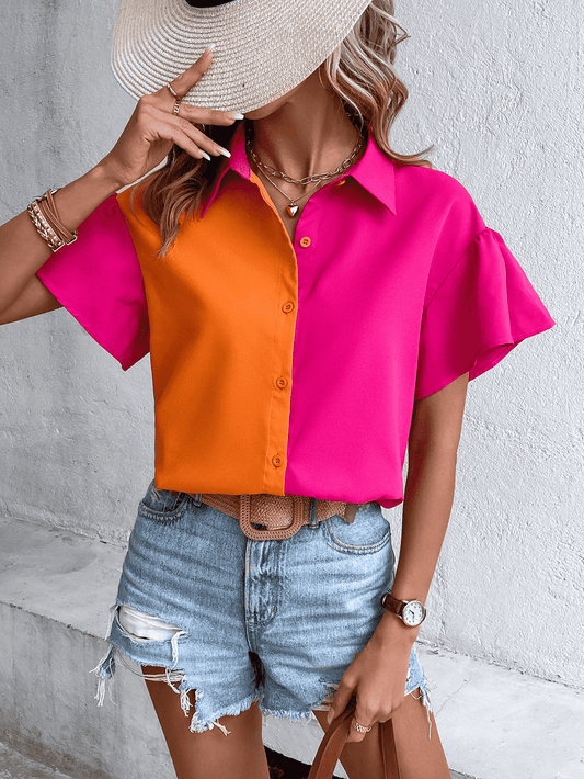 Contrast Short Sleeve Shirt Pink Orange