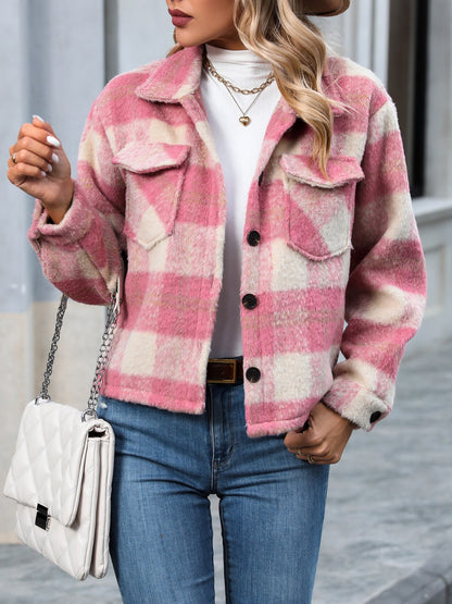 Plaid Button Up Dropped Shoulder Jacket Pink