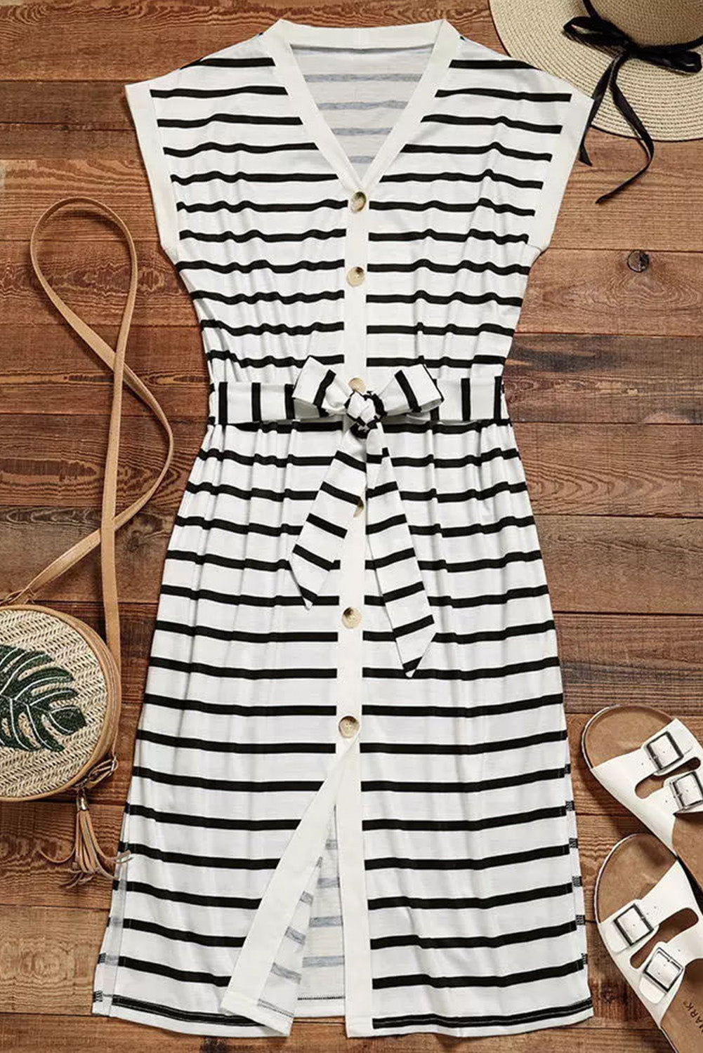 Striped Button Slit Tie V-Neck Midi Dress