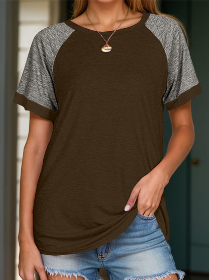 Full Size Contrast Round Neck Short Sleeve T-Shirt Olive Brown