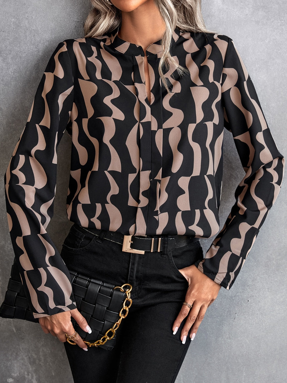 Printed Notched Long Sleeve Blouse - Thandynie