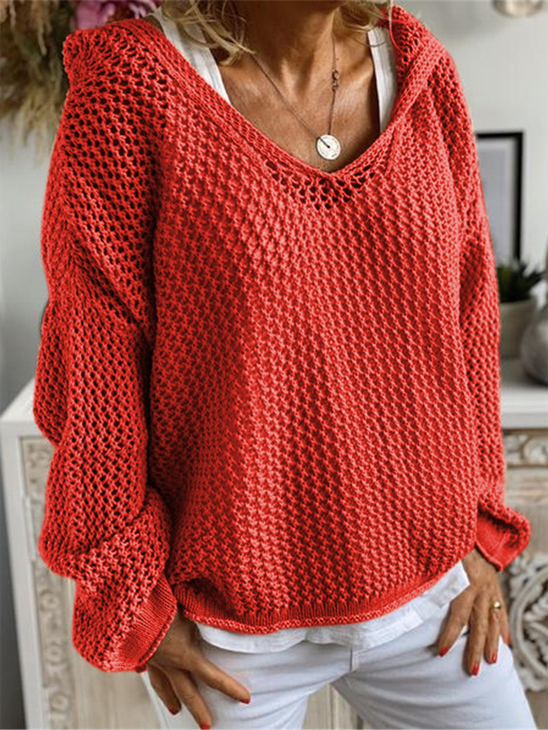 Openwork Hooded Long Sleeve Sweater Red