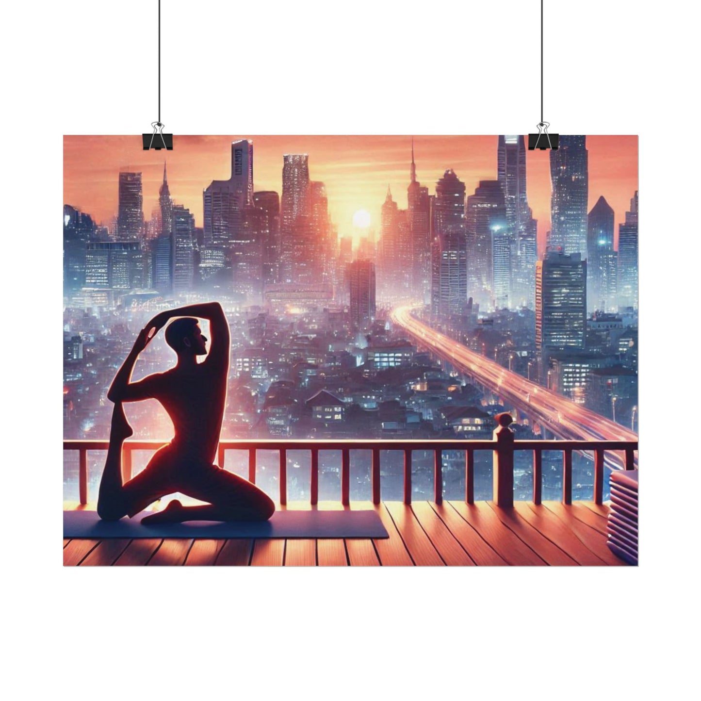 Yoga Poster, Cityscape Sunset Art, Rolled Wall Art, Pink Orange Skyline Decor, Urban Zen Meditation, Rooftop Exercise Print, Relaxation Gift