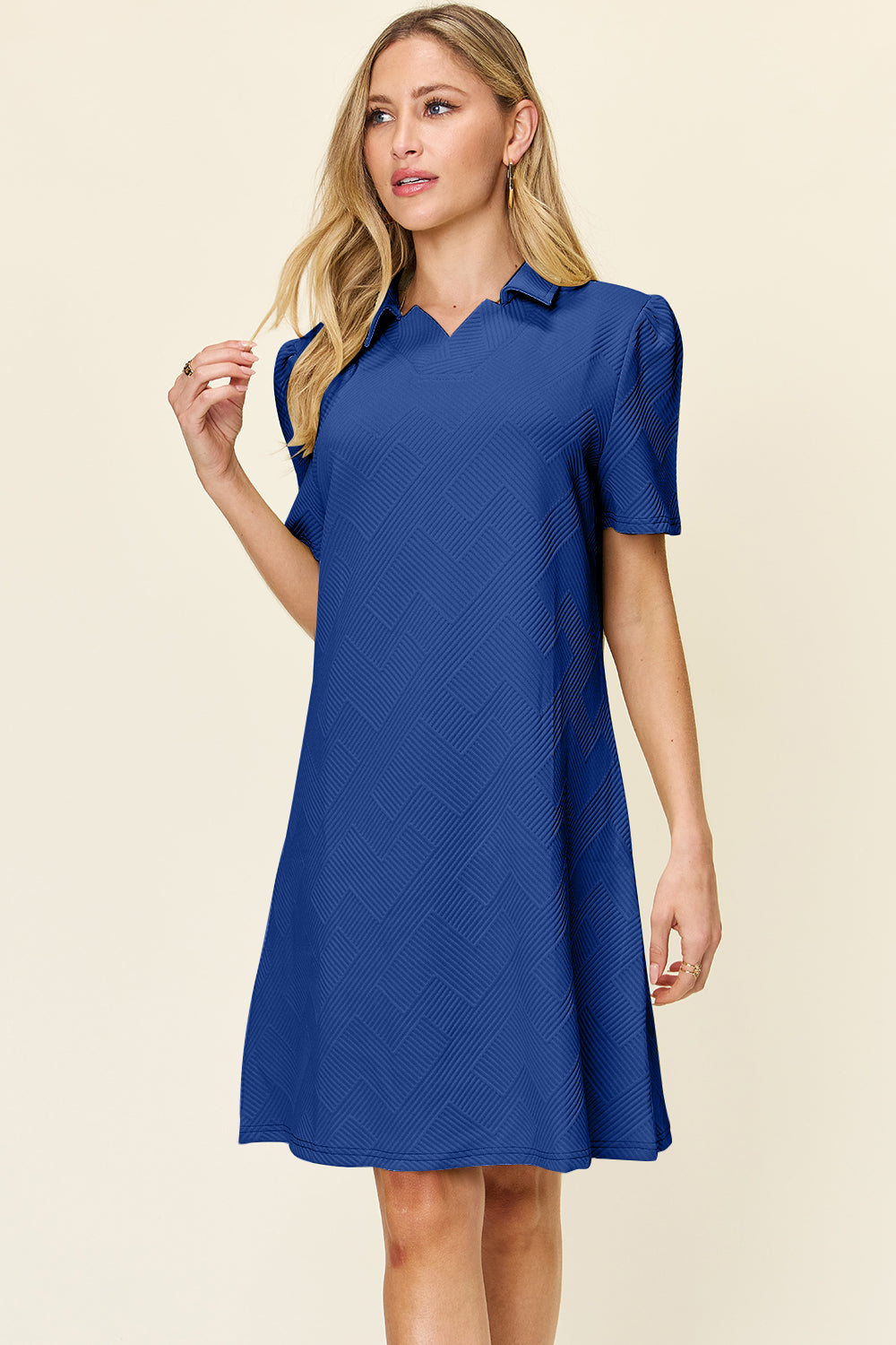 Double Take Full Size Texture Collared Neck Short Sleeve Dress Royal Blue