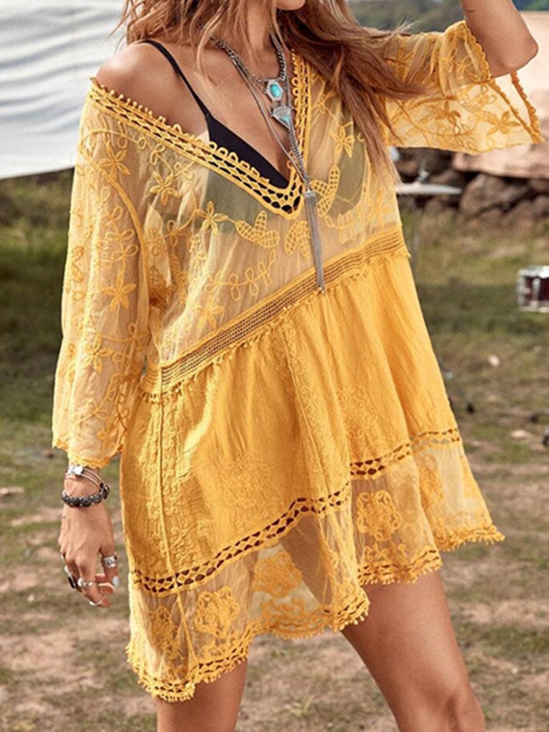 Lace Detail Plunge Cover-Up Dress Gold One Size