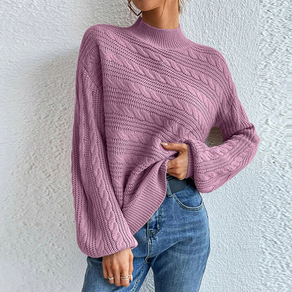 Cable-Knit Mock Neck Long Sleeve Sweater Light Mauve