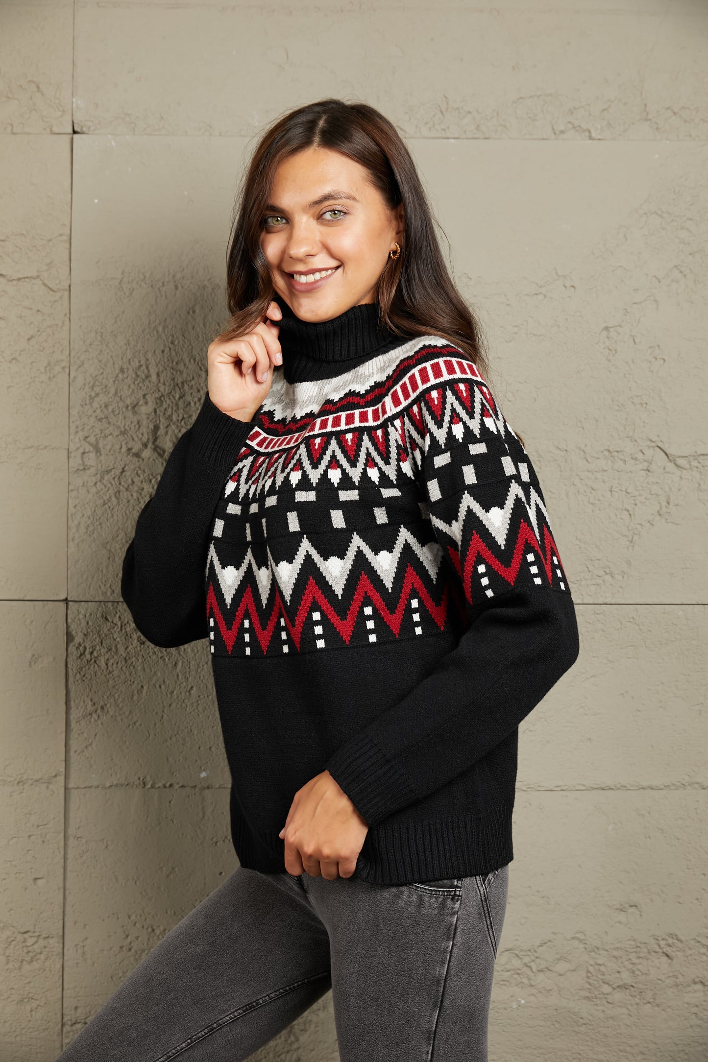 Woven Right Chevron Turtleneck Ribbed Trim Sweater