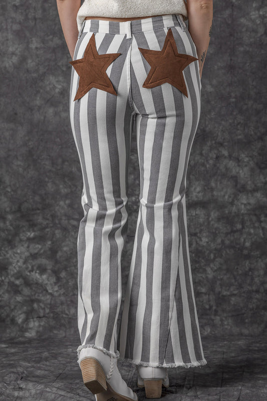Raw Hem Star Applique Striped Jeans Stripe