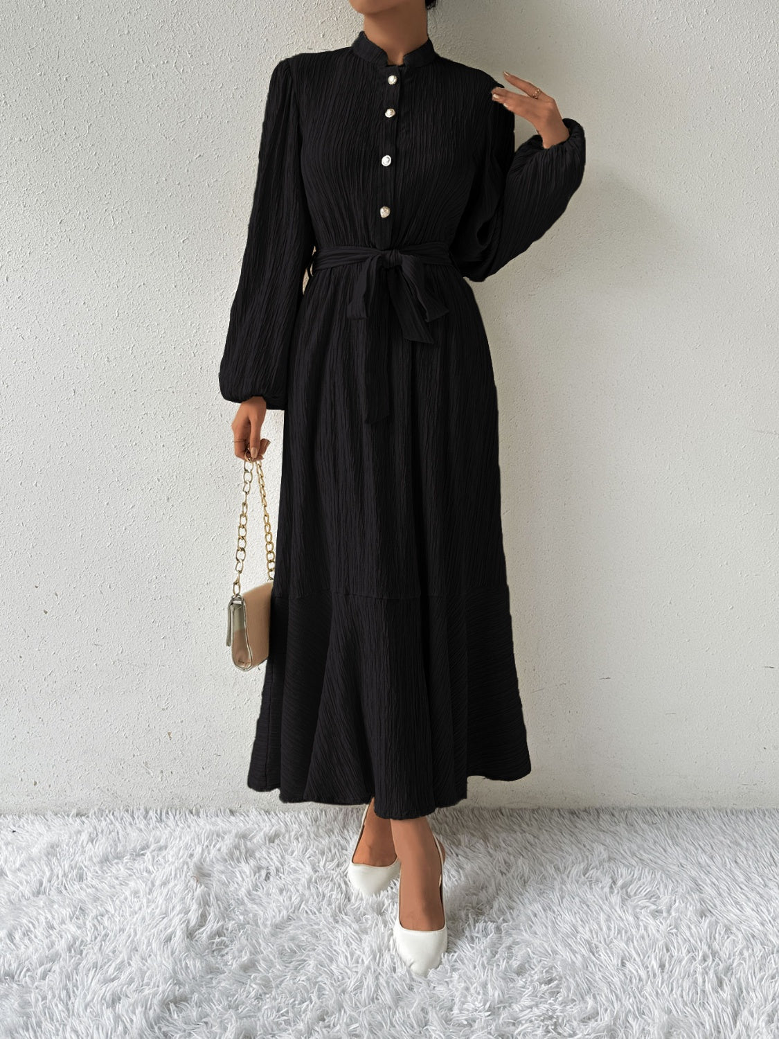 Tie Waist Long Sleeve Dress Black