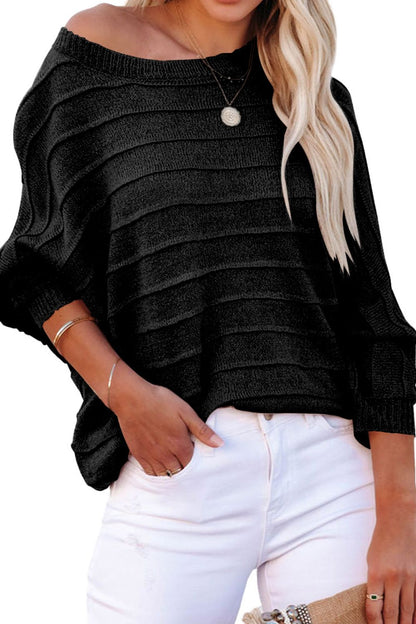 Striped Ribbed Trim Round Neck Sweater Black